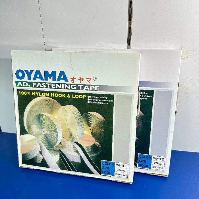 Oyama Velcro with Adhesive Tape 25mm BLACK or WHITE - Retail*| 1 inch, 25mm, 25m box, WHITE, Hook and Loop, complete set.