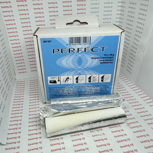 A box of iron cleaner by the brand PERFECT, with a silver foil-wrapped stick of the cleaner. Iron Cleaner 987027 | PERFECT Brand, Made in Bulgaria.