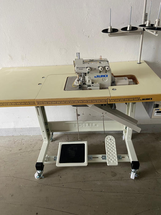 Juki industrial serger sewing machine mounted on a Sunken work table with a foot pedal and tension adjustment, MO6704DA-0A4-150 + Fully sunken Table top, Juki Roll Hem Overlock