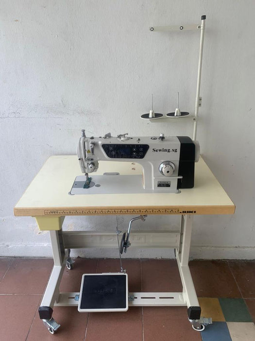 Single Needle Lockstitch, complete with Table, Stand with Direct Drive. Low cost, Value For Money sewing machine. Full View