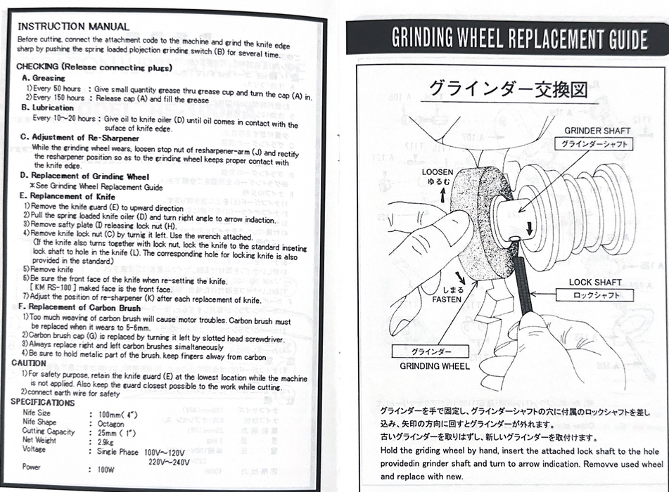 OCTA Round Cutter, Model RS-100NA Part List. Grinding Wheel Replacement Guide page.