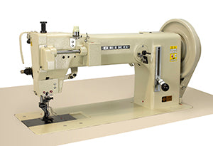 TH-8B, SEIKO Extra-thick material sewing machine with long arm, half-rotation large shuttle bobbin, single-needle lockstitch compound feed, and reverse stitch function.