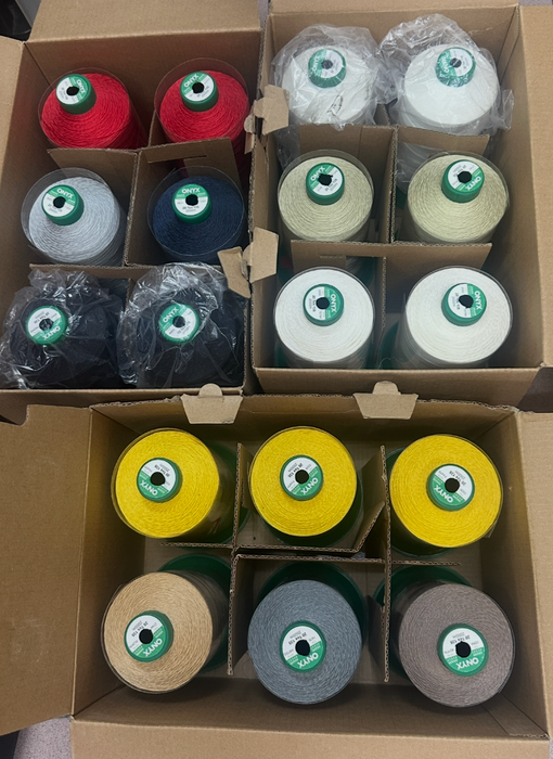 Nylon Sewing Threads – ONYX, Size #20, TEX 135, Polyamide 6.6 continuous filament. Stock at July 2026.
