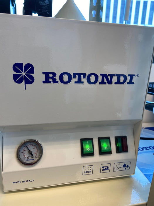Rotondi MINI 45 Professional Steam Ironing System | 5 Litres Boiler with a pressure gauge, and three illuminated green switches.