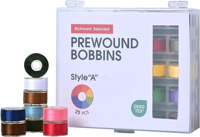 Richword Prewound Embroidery Bobbins – 25PCS Color Set, Size A (70D/2 Polyester)